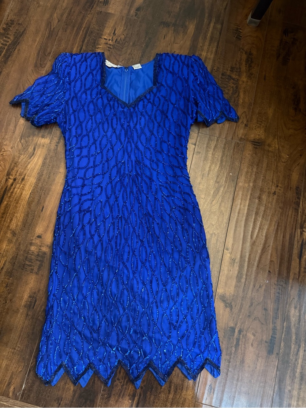 Laurence Kazar Beaded Cobalt Blue Midi Dress Silk Size Small 80’s Party Dynasty